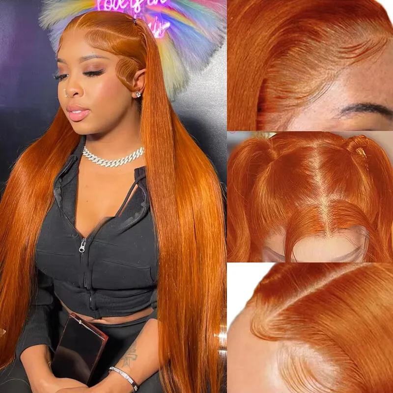 34 pouces Orange gingembre dentelle avant perruques cheveux humains pour les femmes droite 13x4 13x6