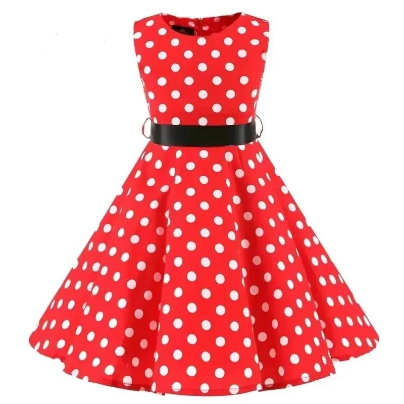 Robe en coton à pois vintage pour filles - Robe trapèze jupe plissée longueur genou style rétro