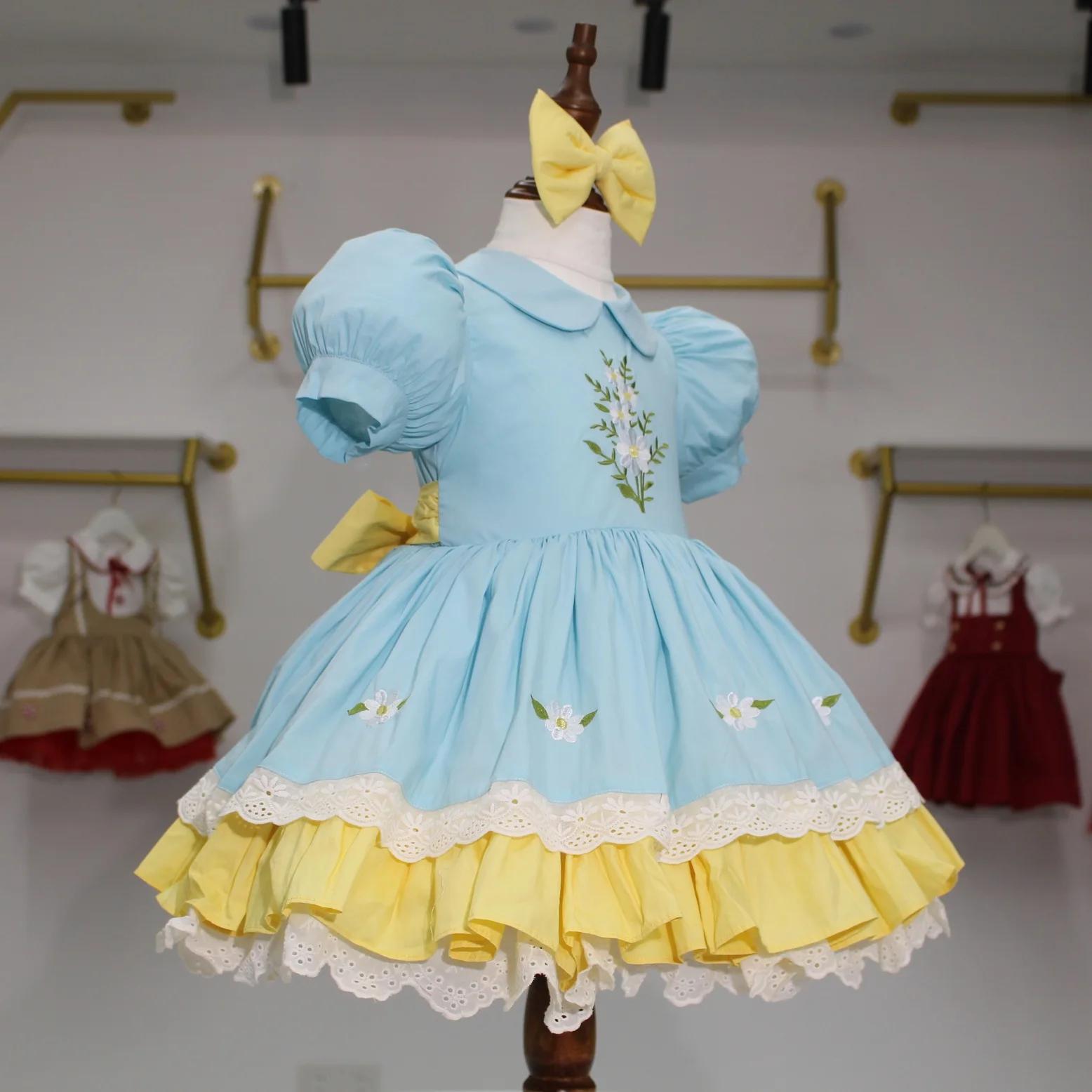 Robe d'été pour bébé fille, broderie marguerite bleue et jaune, robe de princesse turque Vintage pou