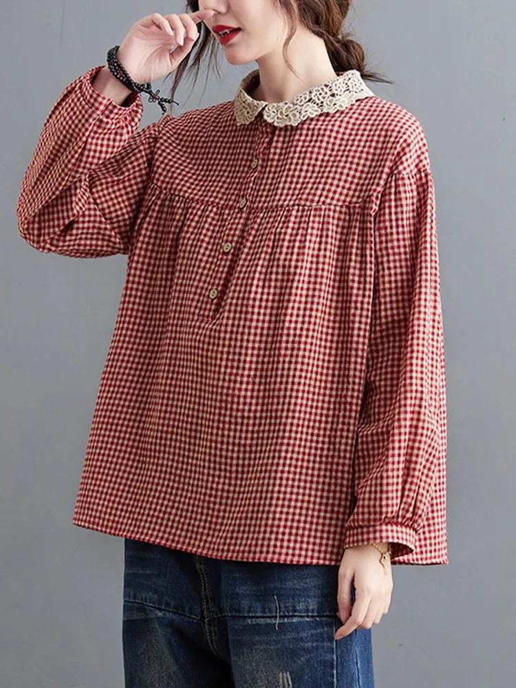 Chemises décontractées à manches longues pour femmes, style simple, col en dentelle, vintage, plaid,