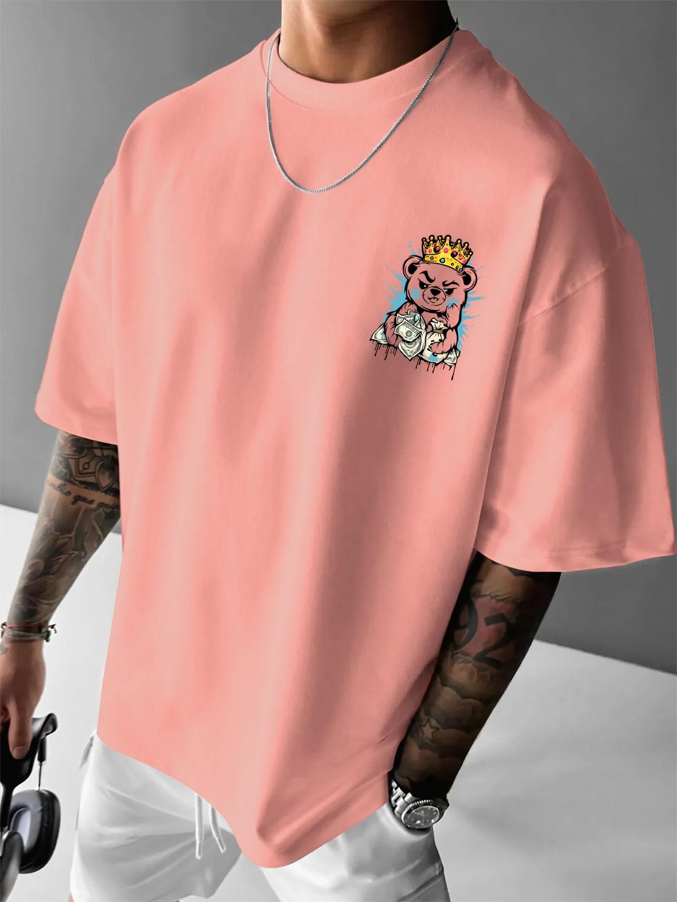 T-shirt col rond pour hommes, confortable et respirant, à la mode, ours en peluche, lettre de riches