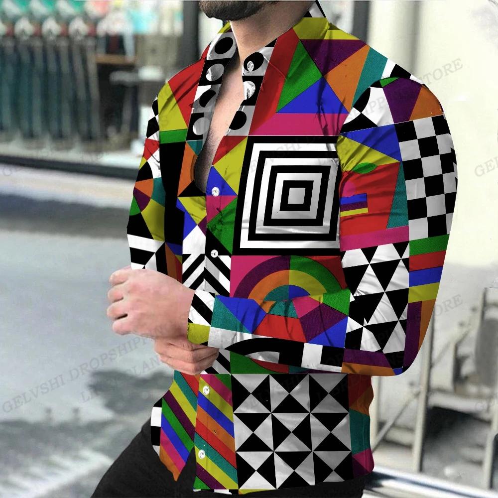 Chemises à thème géométriqueMode pour hommes, chemises décontractées confortables à manches longues,