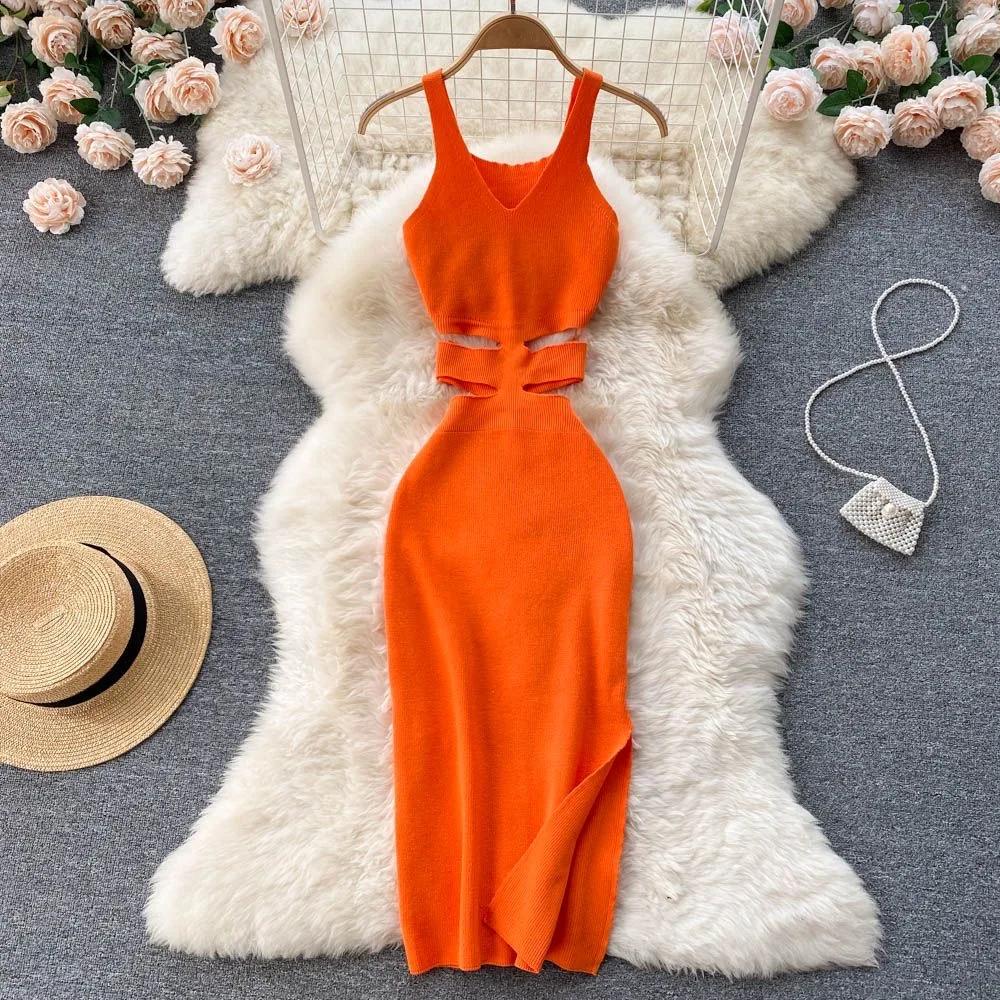 YuooMuoo femmes robe Sexy découpé taille paquet hanches fendu robe moulante été mode dame tricoté fê