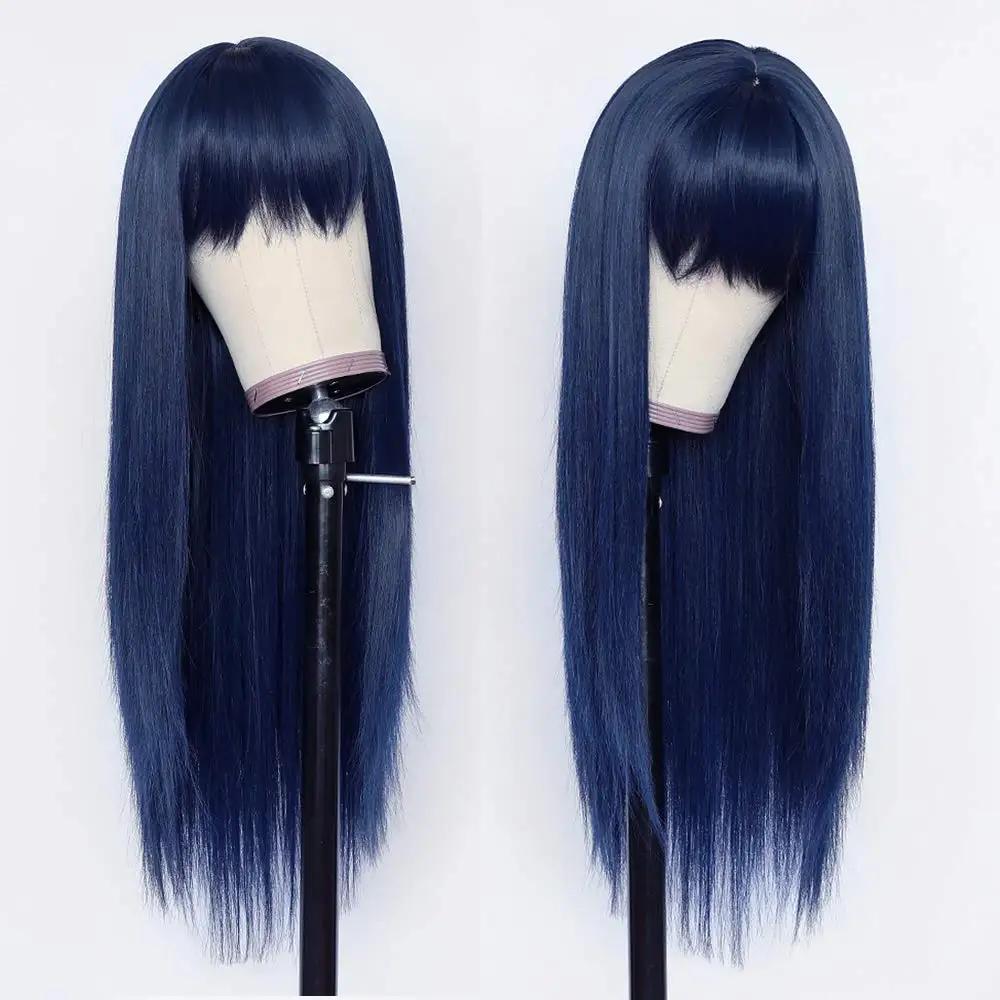 Perruque de cheveux synthétiques de remplacement avec frange, couleur bleue, résistante à la chaleur