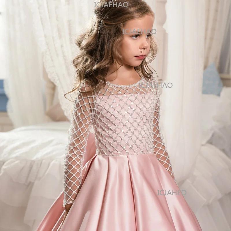 Robe de princesse pour filles 2026, style mode, en dentelle et satin, avec nœud et petit traîneau, p