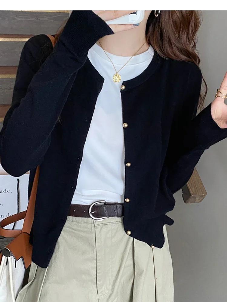 Cardigan tricoté de couleur unie pour femmes, coréen, simple boutonnage, manches longues, col rond, 