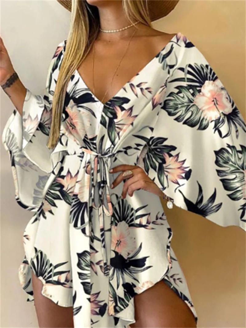 Femmes robe imprimée Sexy col en v manches chauve-souris volants fleurs imprimer bohème plage robe d
