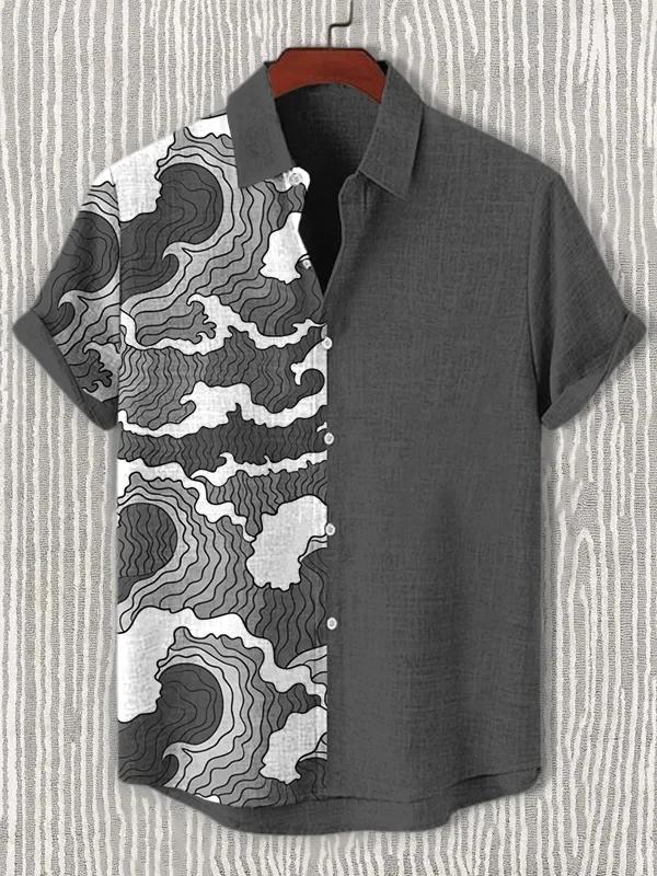 Ukiyoe Wave Print Men's Hawaiian Shirt Polyester Fabric, Summer Casual Vacation and Outdoor Wear Men
