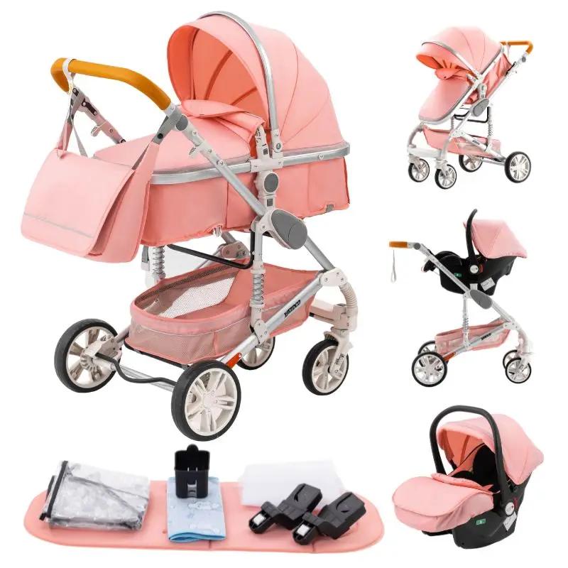Poussette bébé pliable 3-en-1, poussette haute avec capote réglable et amortisseur, chariot portable