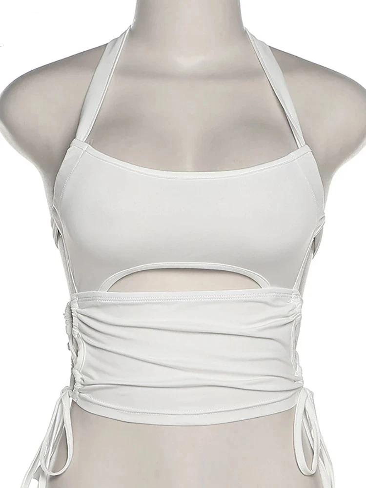 Y2K – haut court dos nu pour femmes, Sexy, ajouré, blanc, sans manches, Bandage, col licou, débardeu