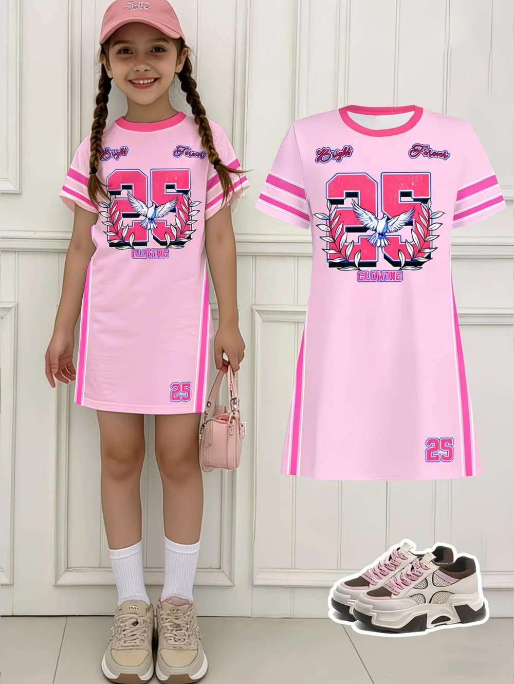 Robe de sport pour filles, imprimé 3D, col rond, manches courtes, robes d'été, style sport baseball,