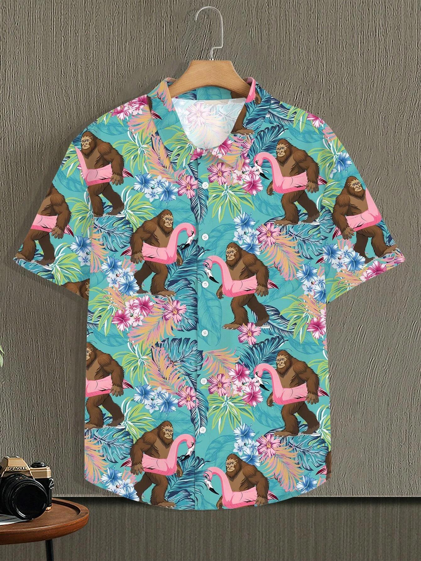 Chemise à manches courtes imprimée Allover pour hommes, col rabattu, fermeture à bouton complet sur 
