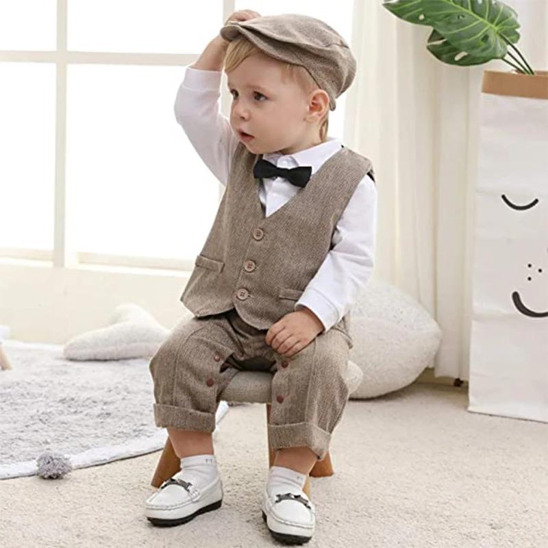 Ensemble formel bébé garçon Gentleman - Costume manches longues avec chapeau et gilet pour anniversaire