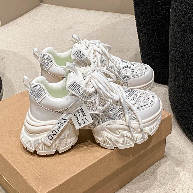 Chaussures décontractées pour femmes en cuir microfibre 6CM, nouvelles baskets épaisses à plateforme