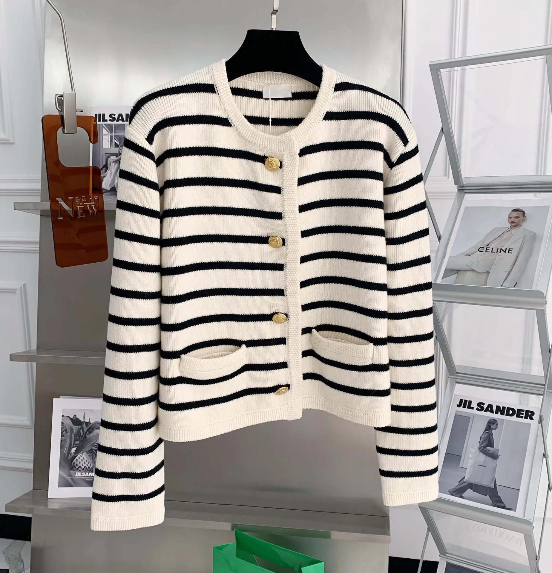 Cardigan à Rayures pour Femme, Col Rond, Simple Boutonnage, Manches sulf, Crop, Y-Fashion, Décontrac