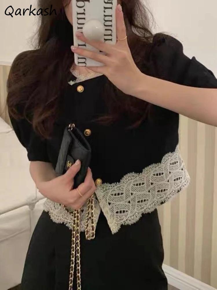 Chemises en dentelle à manches courtes pour femmes, vêtements courts esthétiques élégants, style cor