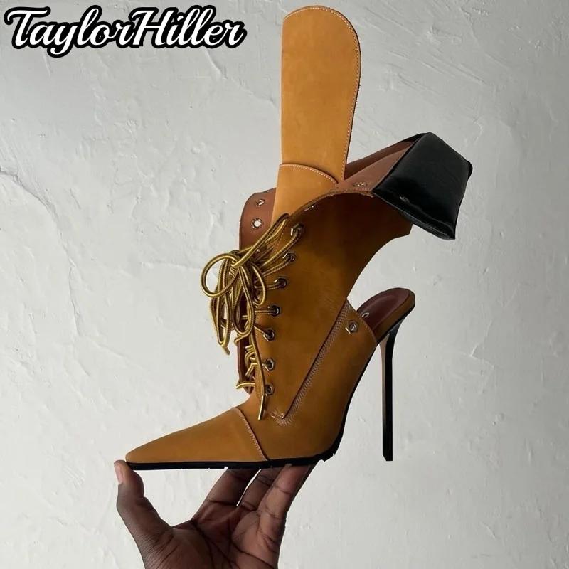Gladiateur talons Patchwork avant à lacets bottes bout pointu chaussons aiguilles femmes luxe chauss