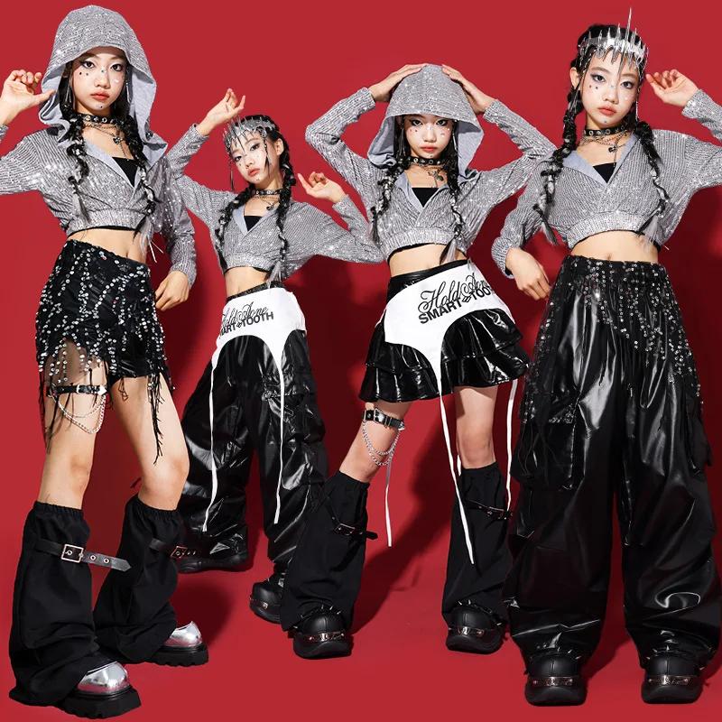 Ensembles de vêtements pour filles K-pop, sweats à capuche argentés et noirs à paillettes, shorts de