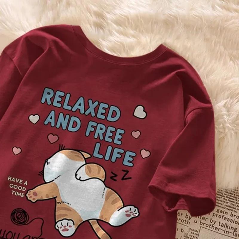 T-shirt à manches courtes pour Couple, ample et décontracté, avec lettres imprimées de chat paresseu