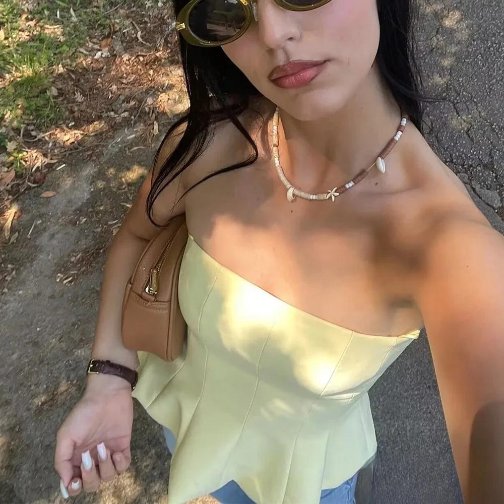 KONDALA Sexy beurre jaune Cami volants bustier tubulaire femmes mode 2025 été sans bretelles Y2K fil