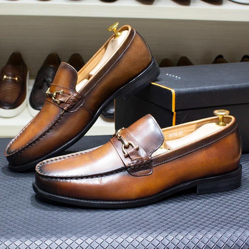 Mocassins en métal de style italien classique pour hommes, cuir véritable, chaussures provoqué à enf