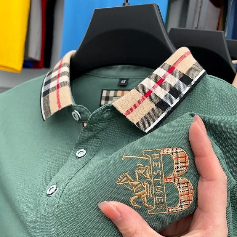 Marque de luxe à manches courtes hommes polo été haut de gamme mode plaid broderie revers t-shirt st