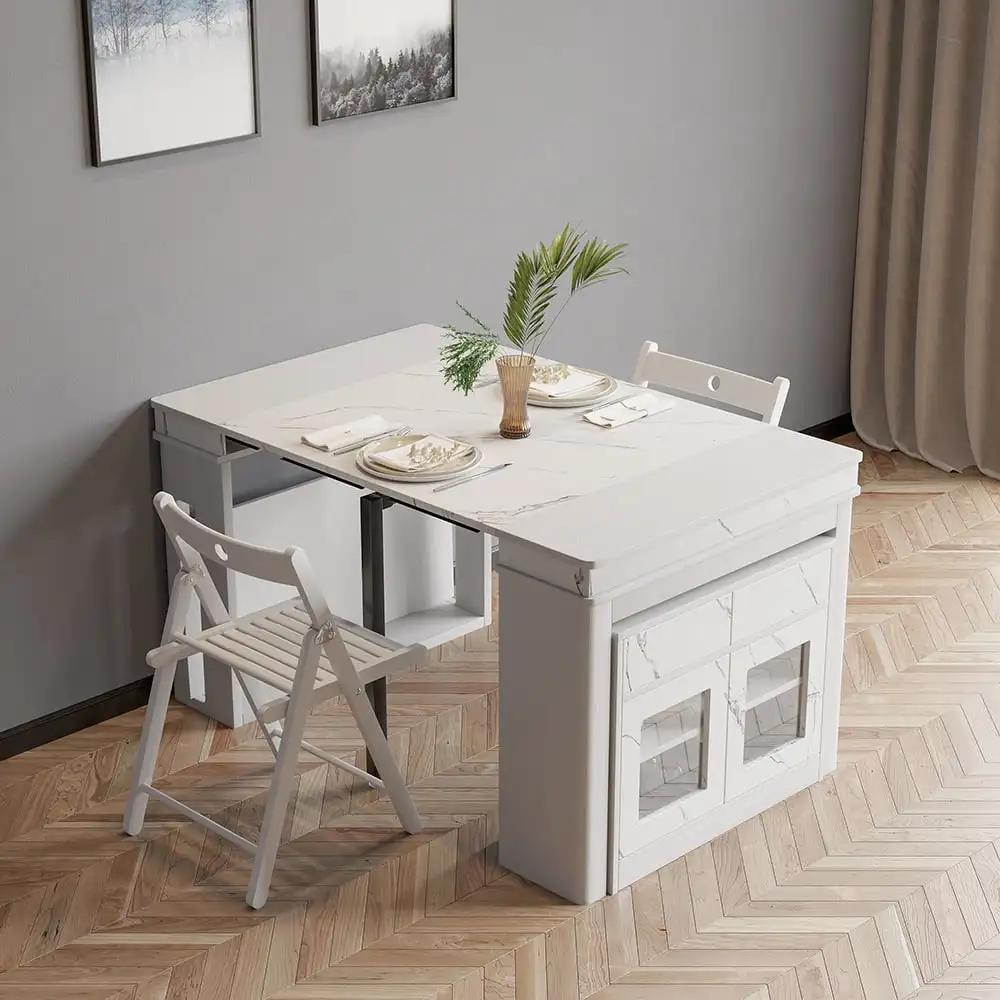Table à manger extensible multifonctionnelle moderne, gain de place avec armoire de rangement