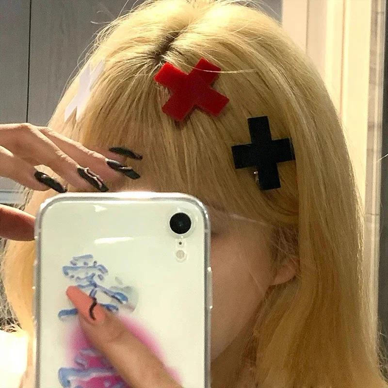 Y2K – pinces à cheveux croix rouge pour filles, accessoires pour cheveux, Barrettes hip hop Punk, ép