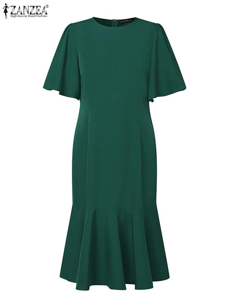 ZANZEA – Robe sirène élégante pour femmes, mode, manches courtes, col rond, ourlet à volants, ajusté