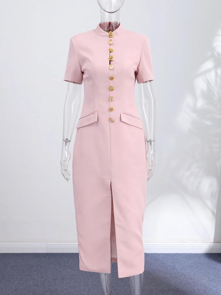 Nouvelle Robe Longue Élégante pour Femme, Col Montant Uni, Manches Courtes, Coupe Slim, Boutonnage S