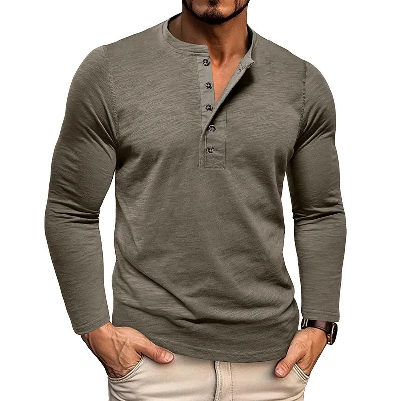 Nouveau automne T-Shirt à manches longues hommes décontracté dessus de couleur unie col Henley mince