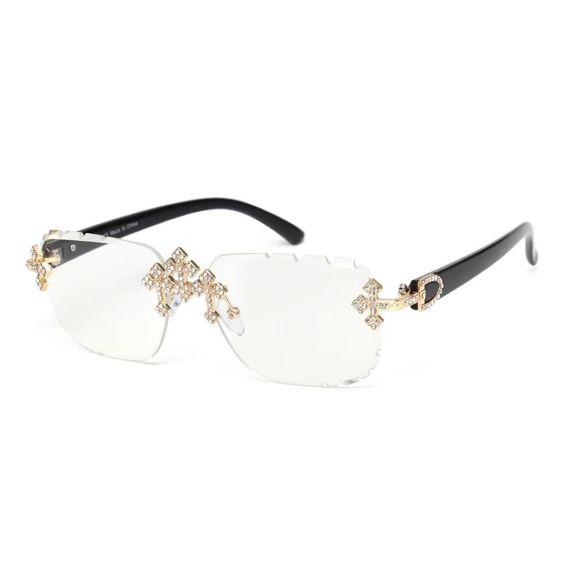 2025 mode carré sans monture lunettes de soleil pour femmes croix diamant métal cadre lunettes de lu