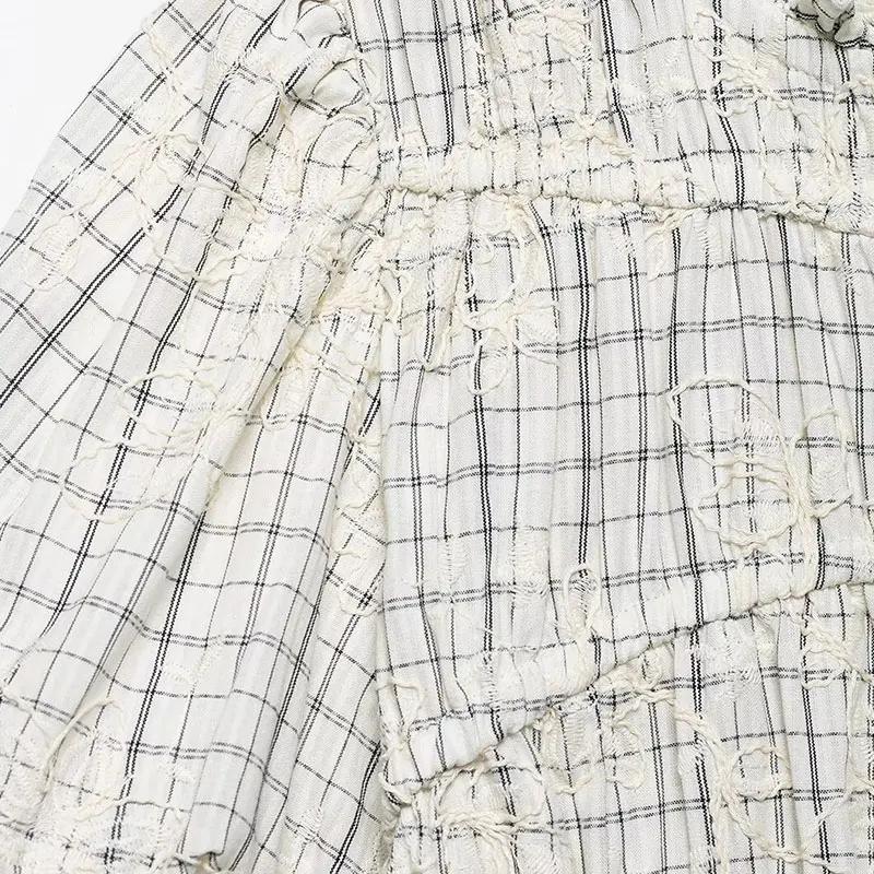 TFAFXY 2026 Ensemble d'été pour femme : Blouse brodée à carreaux avec nœud et jupe longue midi coupe
