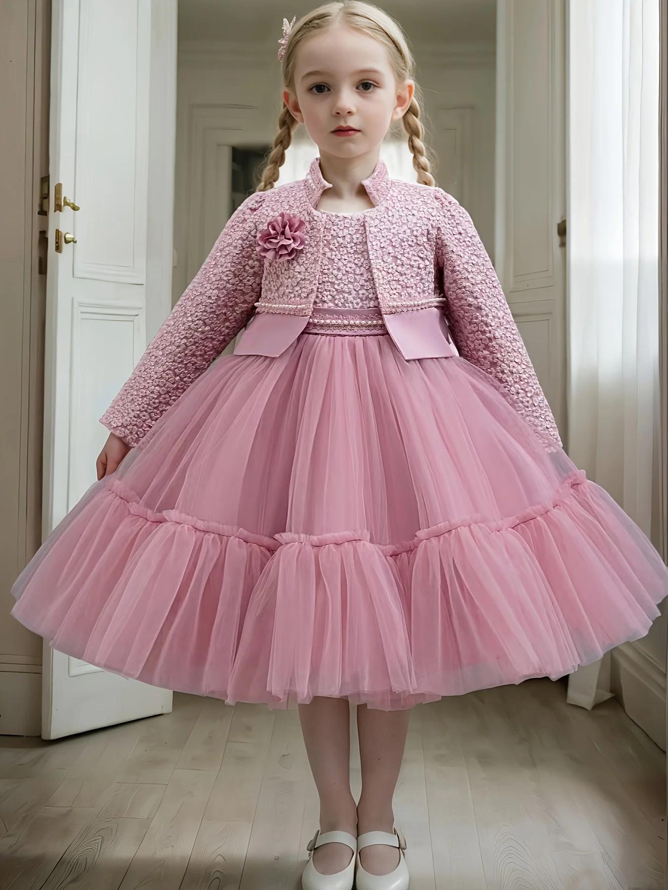 Ensemble de robe en dentelle de Lotus kaki pour filles, vêtements de princesse mignons et manteau, à