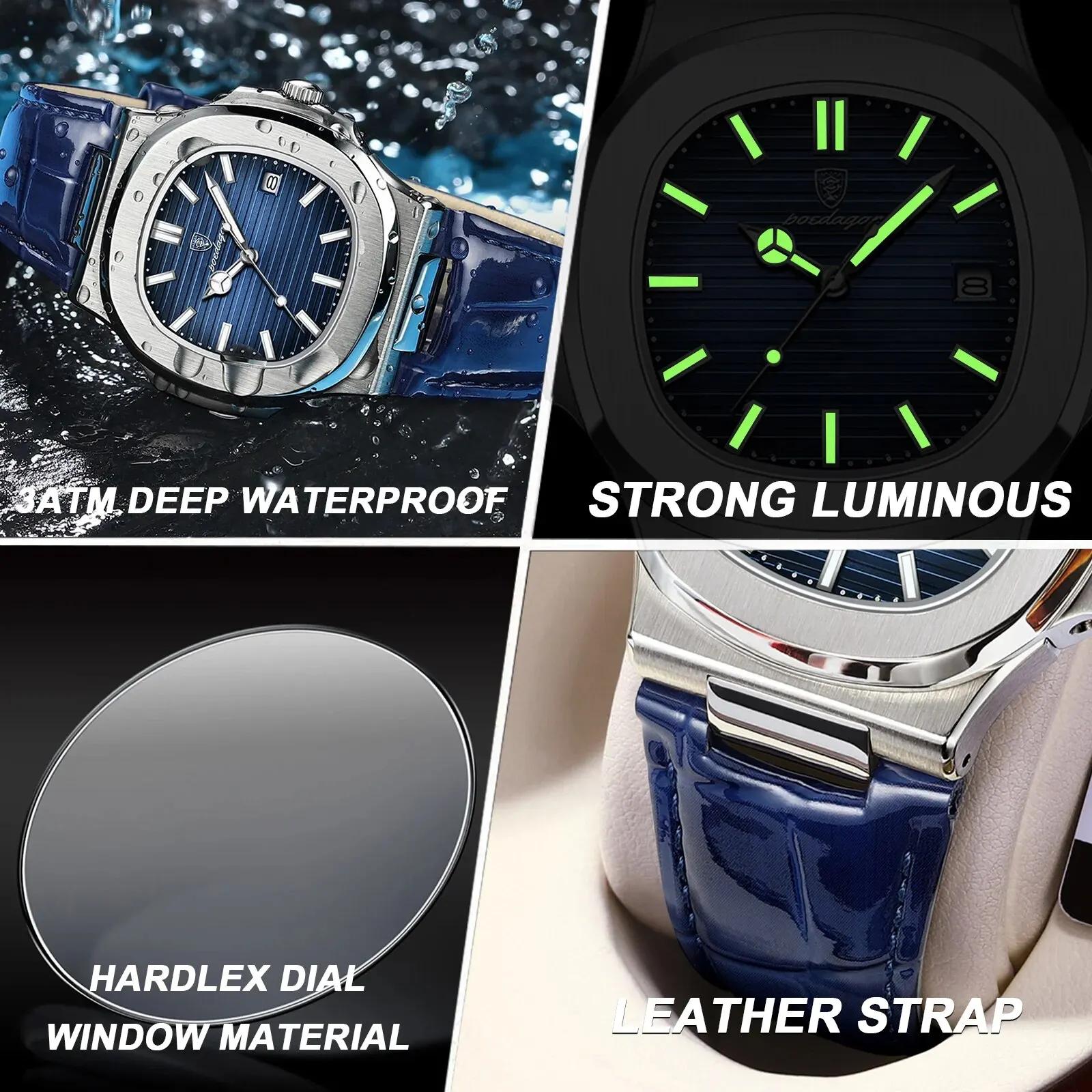 POEDAGAR haut de gamme carré homme montre Date étanche lumineux hommes montre-bracelet de haute qual