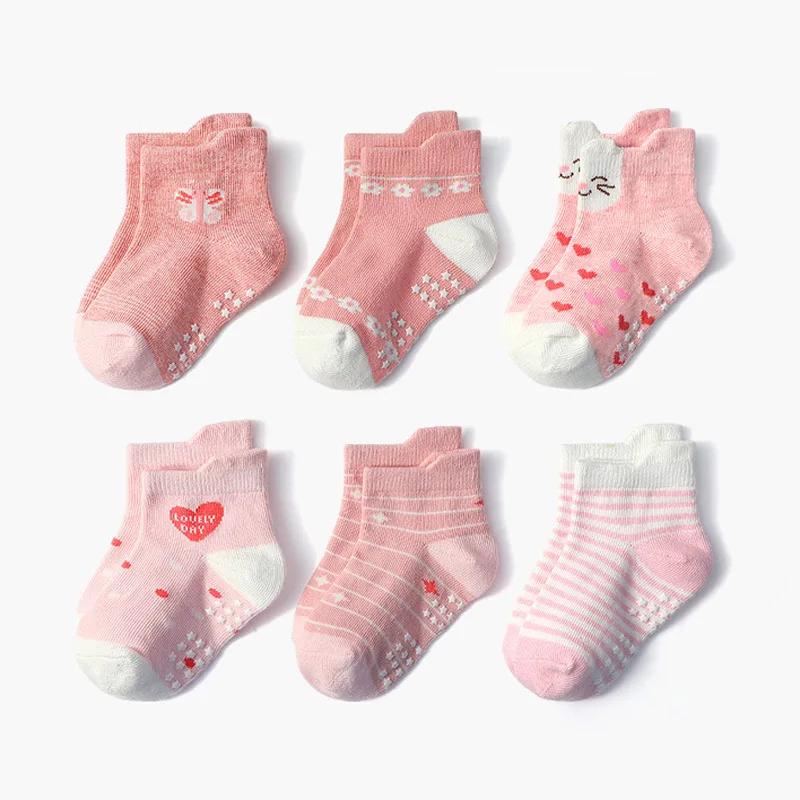 6 paires de chaussettes antidérapantes pour filles, motif de fleurs et de cœurs, pour enfants, bébés