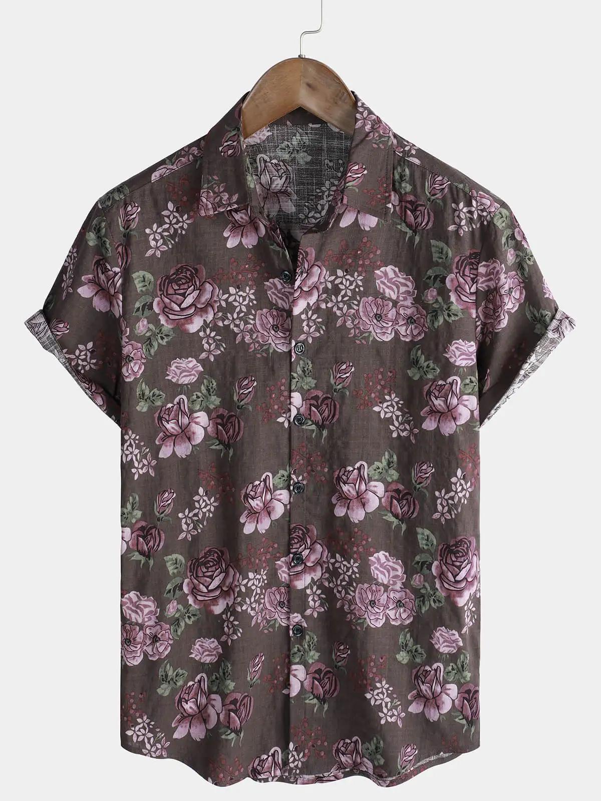 Chemise à manches courtes à imprimé floral rétro pour hommes chemise décontractée à revers simple bo
