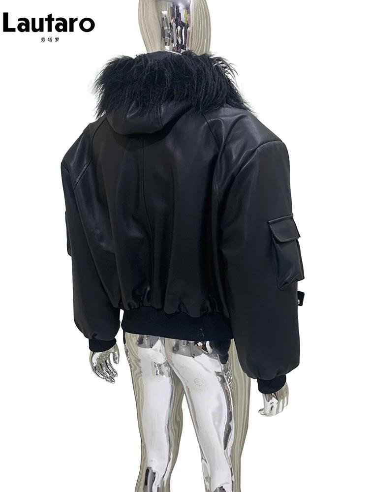 Mauroicardi automne hiver court surdimensionné noir chaud veste en cuir Pu hommes avec fausse fourru