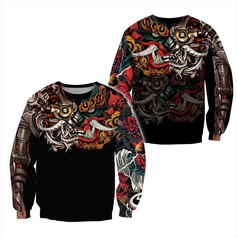 Sweat-shirt imprimé avec masque de mythologie japonaise, vêtements pour hommes, pull de rue Harajuku