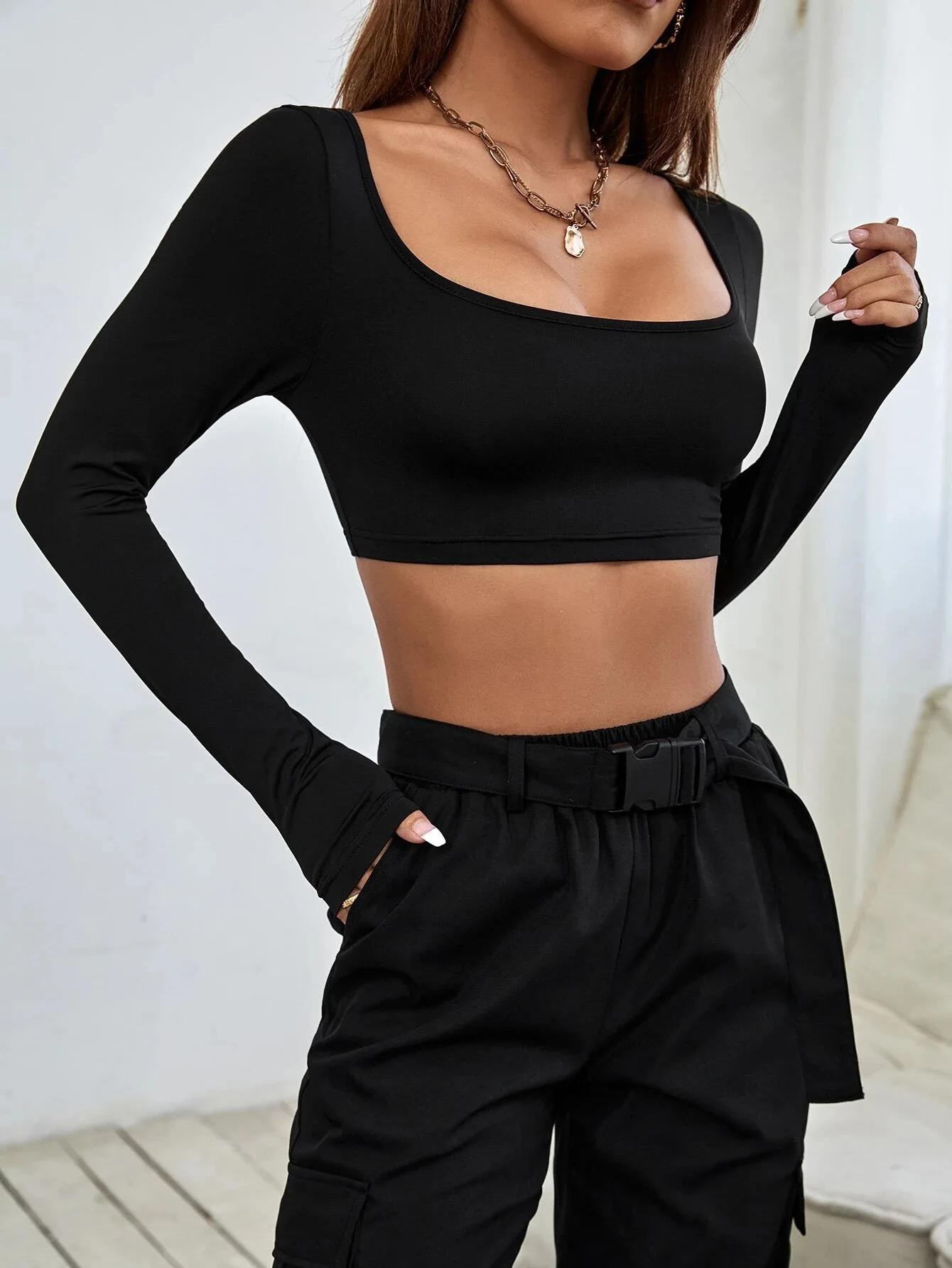 Printemps automne femmes à manches longues T-shirt col montant recadrée T-shirt pulls basique T-shir