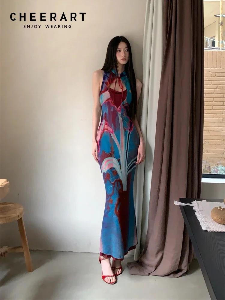 CHEERART Designer Floral longue robe d'été femme 2025 fête soirée moulante tuniques sans manches une