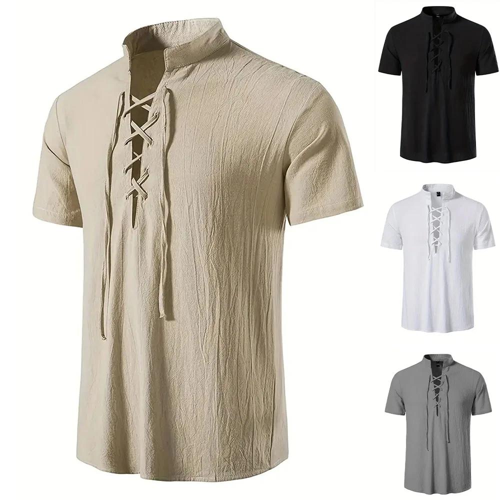 Chemise rétro à manches courtes pour hommes, en coton et lin, légère, respirante, couleur unie, haut