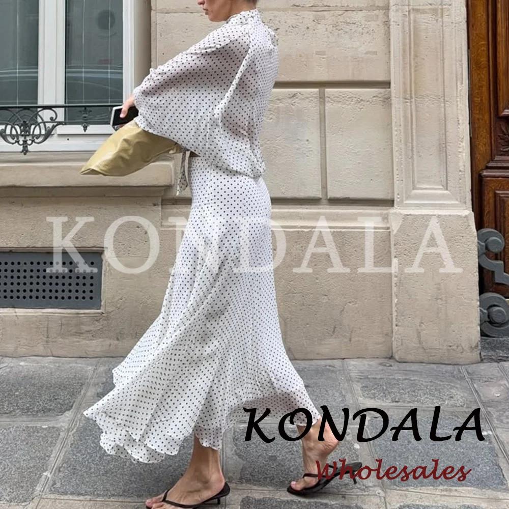 KONDALA Chic Ensemble Décontracté Femme à Pois avec Nœud, Chemise Ample Élégante + Jupe Longue Midi 