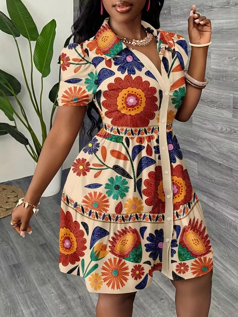 Robe chemise d'été pour femme 2026 à imprimé floral, manches bouffantes, ourlet à volants, coupe tra