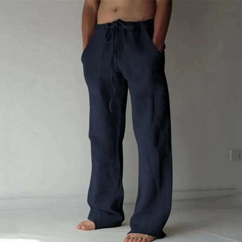 Pantalon Long en coton et lin pour hommes, couleur unie, respirant, décontracté, taille élastique, H
