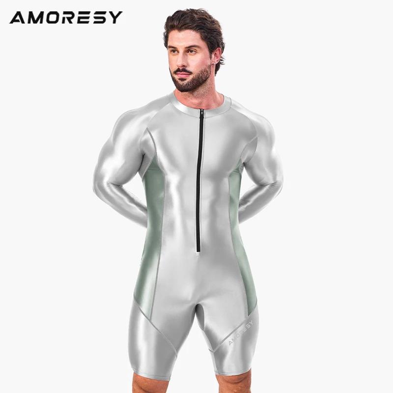 AMORESY hommes brillant avant fermeture éclair une pièce à manches longues collants Spandex maillot 