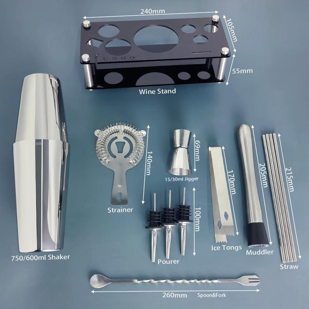 Ensemble de Shaker à Cocktail en Acier Inoxydable, Outils de Bar avec Support Noir, Shaker de 750ml,