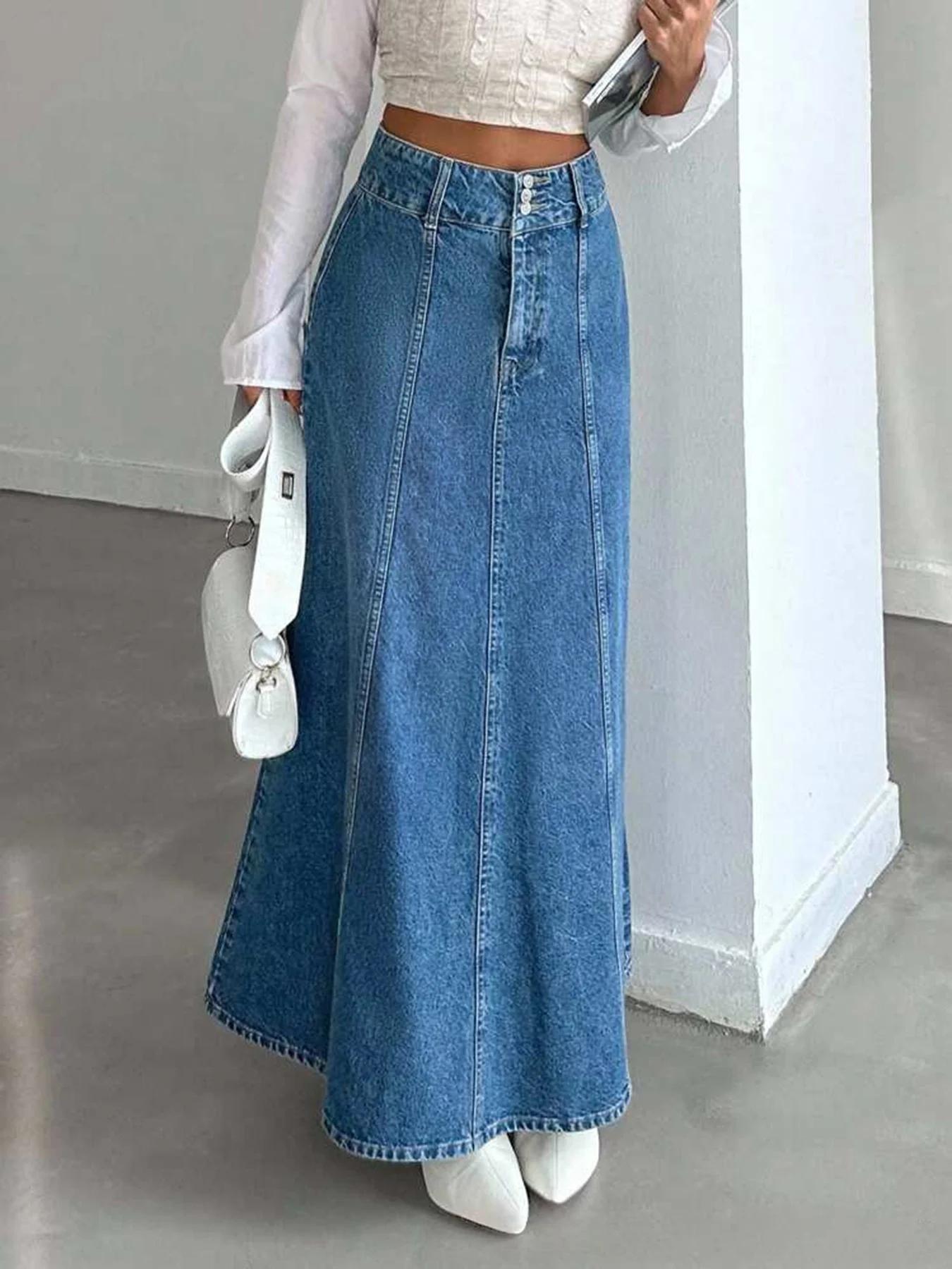 Jupe midi longue en jean pour femme pour les saisons de printemps et d'automne. Convient pour divers