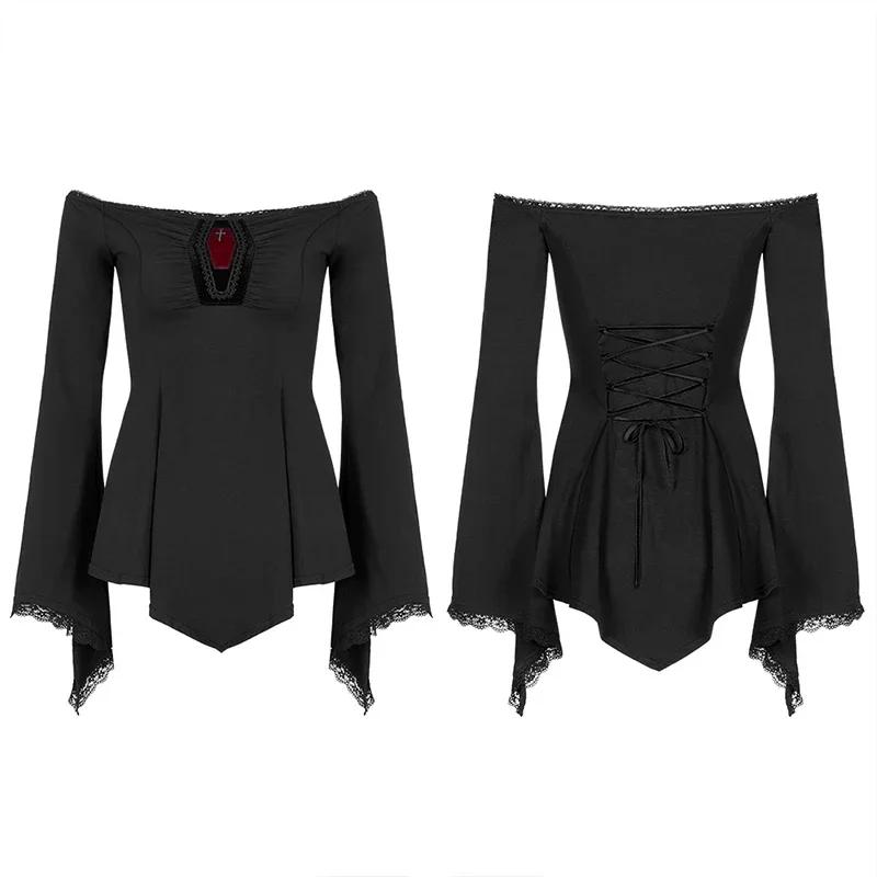 PUNK RAVE-T-shirt à manches longues gothique pour femme, col slash, ligne A, coton élastique, noir, 