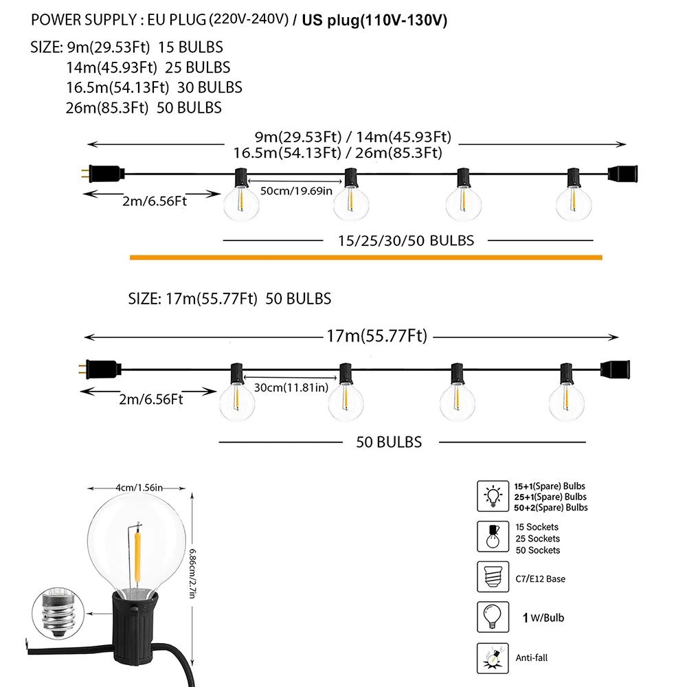 Guirlande lumineuse d'extérieur LED G40, variable, ampoules Globe, pour rue, Patio, jardin, arrière-